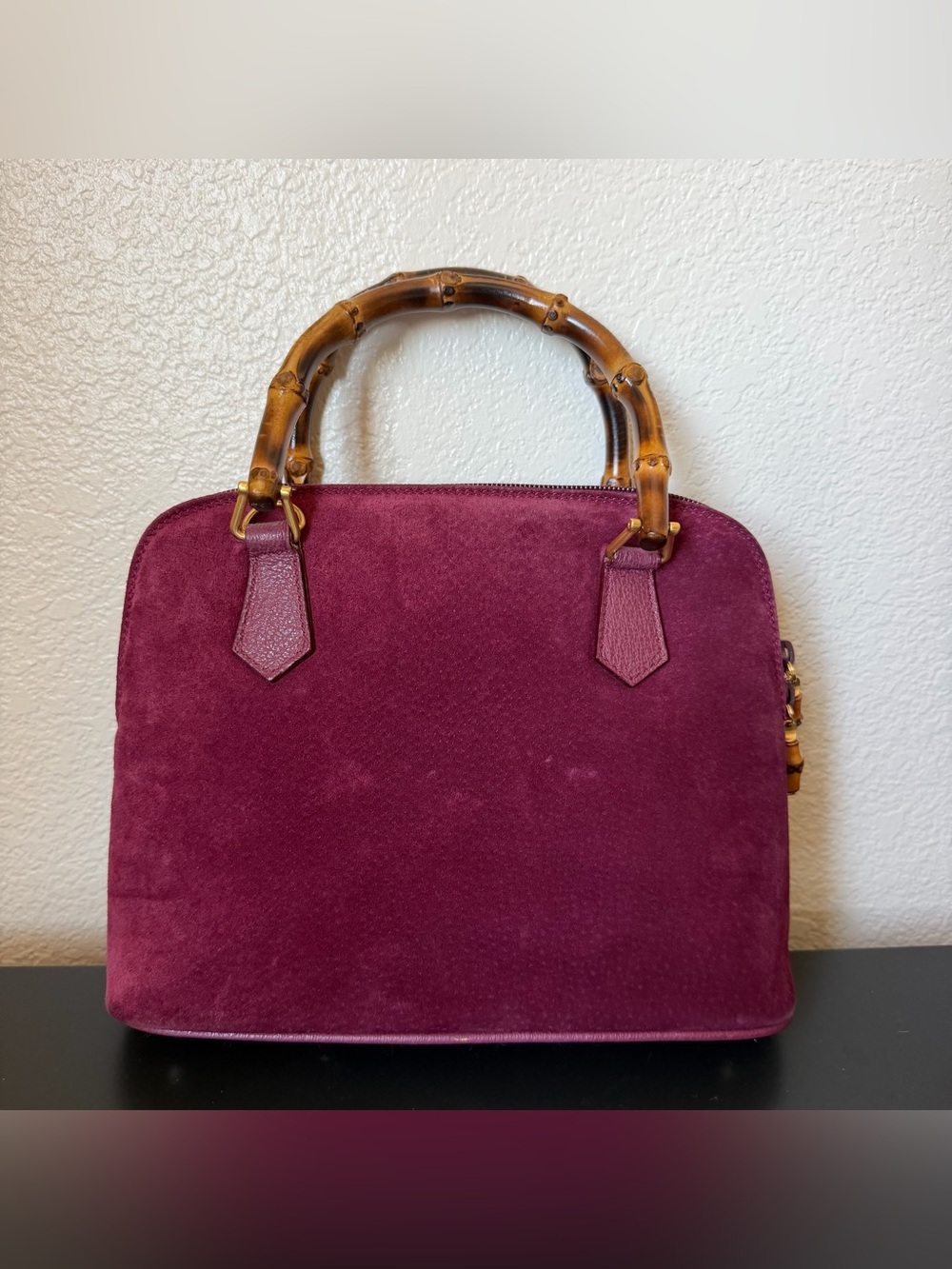 Authentic Vintage Gucci Burgundy Suede Dome Bag with Bamboo Handles
